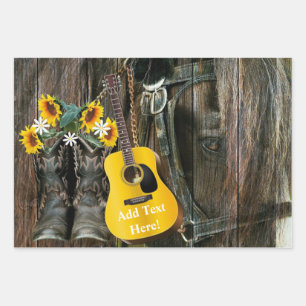 Western Horse Cowboy boots Guitar Sunflowers Wrapping Paper Sheets