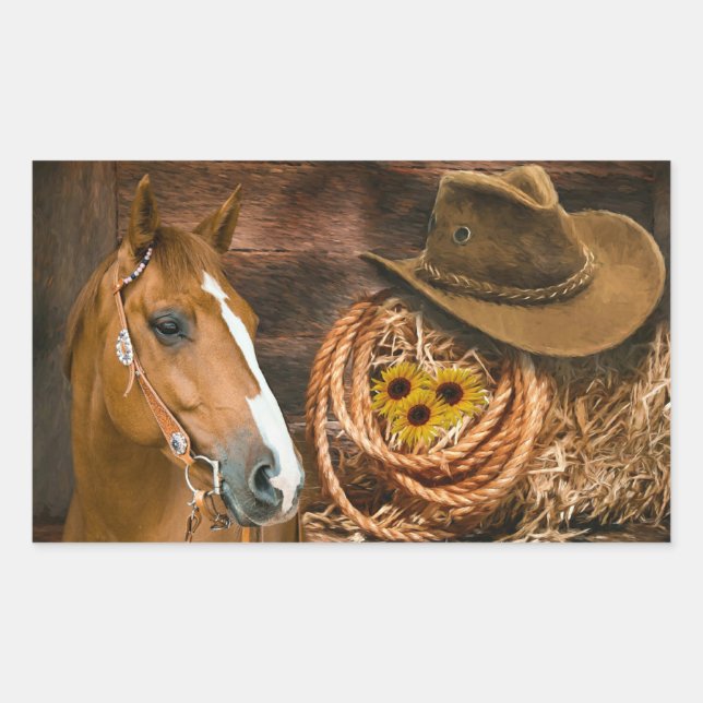 Western Horse Cowboy Hat Lasso Rustic Barn Board Rectangular Sticker (Front)