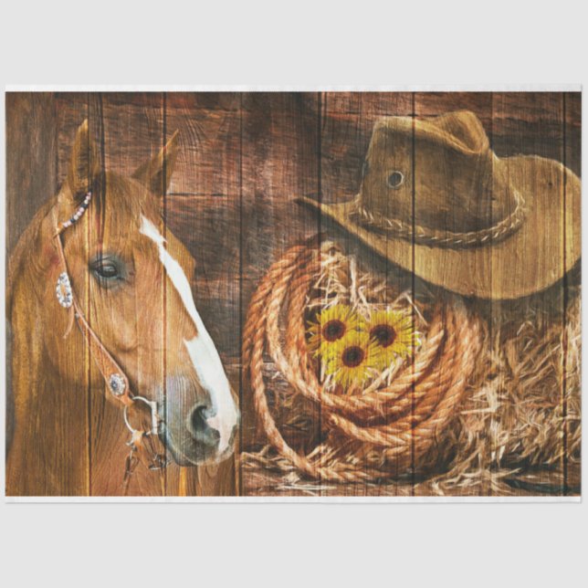 Western Horse Cowboy Hat Lasso Rustic Barn Board Tissue Paper (Front)