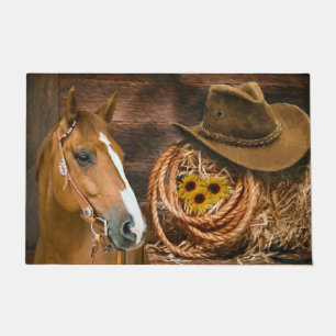 Western Horse Cowboy Hat Lasso Sunflowers  Doormat