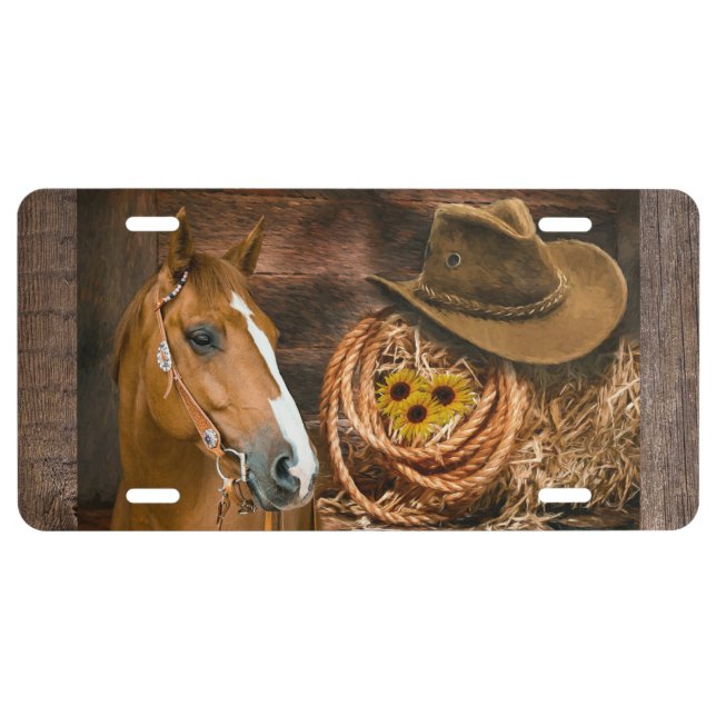 Western Horse Cowboy Hat Lasso Sunflowers  License Plate (Front)