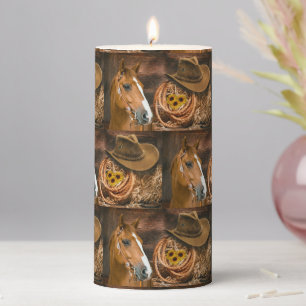 Western Horse Cowboy Hat Lasso Sunflowers Pillar Candle