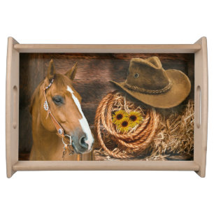 Western Horse Cowboy Hat Lasso Sunflowers  Serving Tray