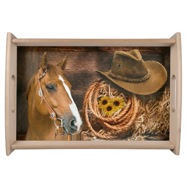Western Horse Cowboy Hat Lasso Sunflowers  Serving Tray (Front)