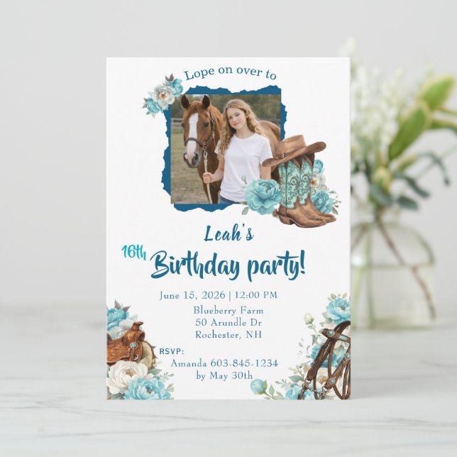 Western Horse Floral Birthday Invitation – White (Standing Front)