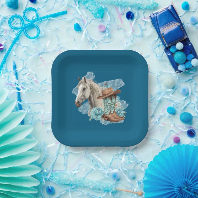 Western Horse Floral Equestrian- Navy Paper Plates (Party)