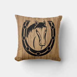 Western Horse Horseshoe Brown Wood Equestrian Throw Pillow