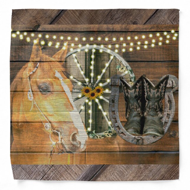 Western Horse Horseshoe Wagon Wheel Cowboy Boots Bandana (Front)