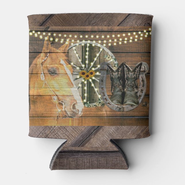 Western Horse Horseshoe Wagon Wheel Cowboy Boots Can Cooler (Front)