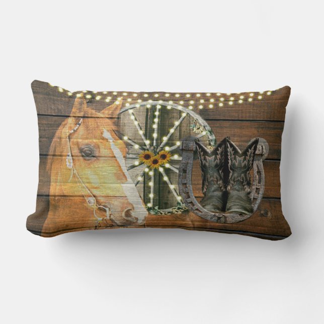 Western Horse Horseshoe Wagon Wheel Cowboy Boots Lumbar Pillow (Front)