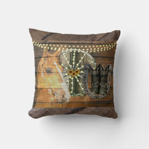 Western Horse Horseshoe Wagon Wheel Cowboy Boots Throw Pillow