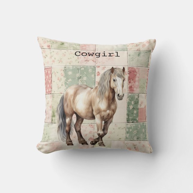 Western Horse Pink Floral quilt Throw Pillow (Front)