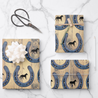 Western Horse Ranch Horseshoe & Barn Wood Planks Wrapping Paper Sheets