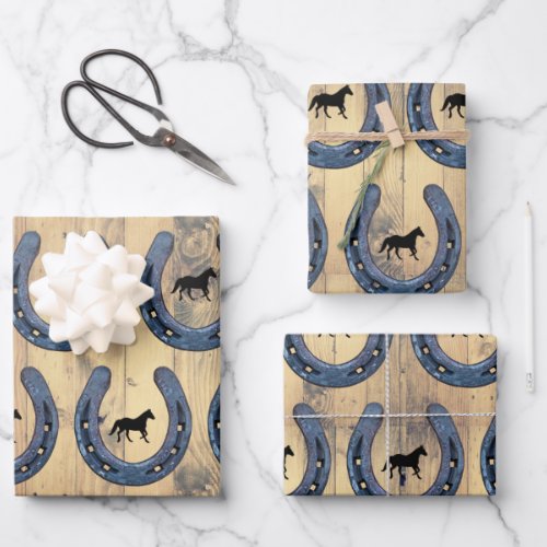 Western Horse Ranch Horseshoe  Barn Wood Planks Wrapping Paper Sheets
