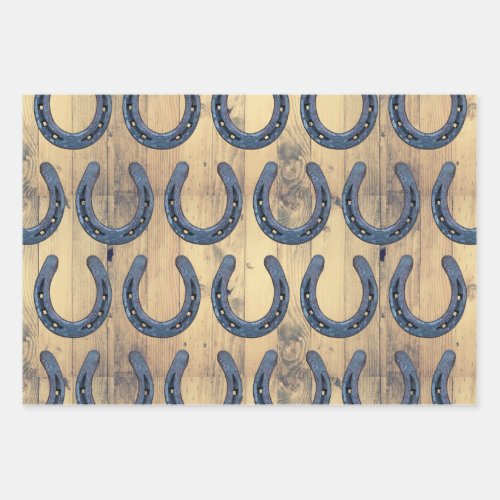 Western Horse Ranch Horseshoe  Barn Wood Planks Wrapping Paper Sheets