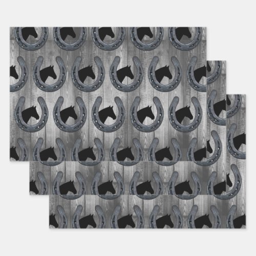 Western Horse Ranch Horseshoe  Grey Wood Planks Wrapping Paper Sheets