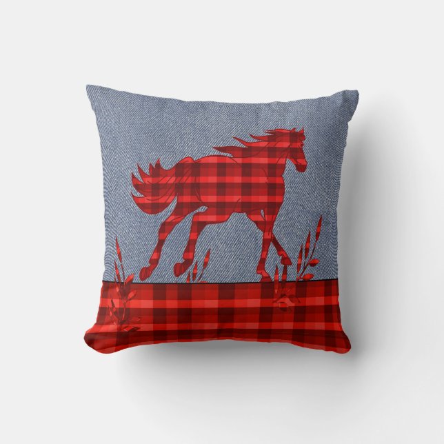 Western  Horse Red  Plaid Faux Denim Throw Pillow (Front)