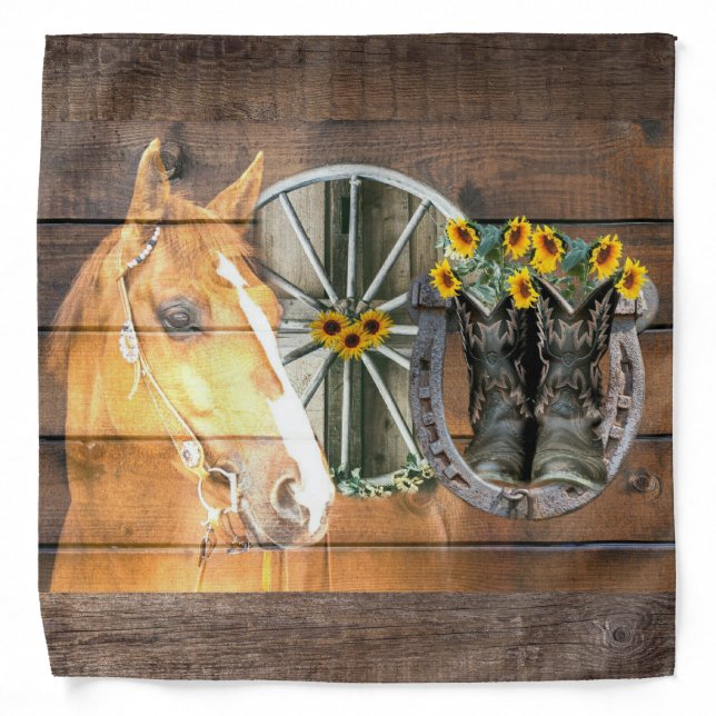 Western Horse Wagon Wheel Horseshoe Cowboy Boots Bandana (Front)