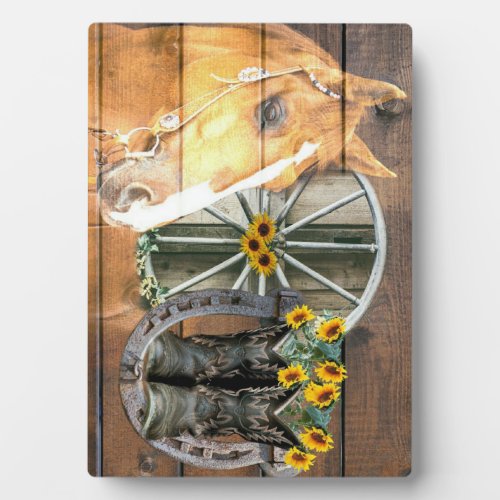 Western Horse Wagon Wheel Horseshoe Cowboy Boots Plaque