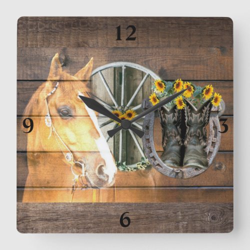 Western Horse Wagon Wheel Horseshoe Cowboy Boots Square Wall Clock