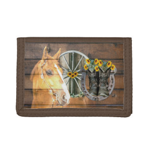 Western Horse Wagon Wheel Horseshoe Cowboy Boots Tri-fold Wallet