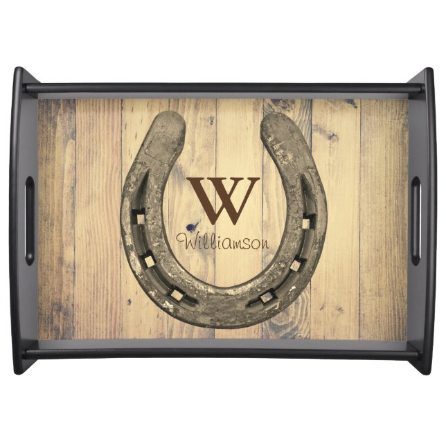 Western Horseshoe & Barn Wood Planks Serving Tray (Front)