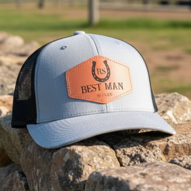 Western Horseshoe Best Man Initials Wedding Party Leather Patch Hat (Creator Uploaded)