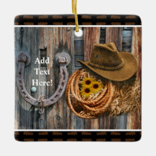 Western Horseshoe Cowboy Hat Lasso Ceramic Ornament