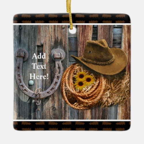 Western Horseshoe Cowboy Hat Lasso Ceramic Ornament