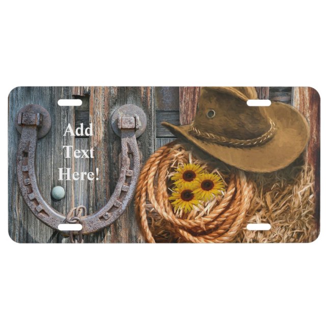Western Horseshoe Cowboy Hat Lasso License Plate (Front)