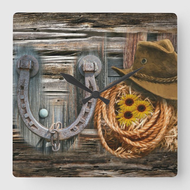 Western Horseshoe Cowboy Hat Lasso Square Wall Clock (Front)