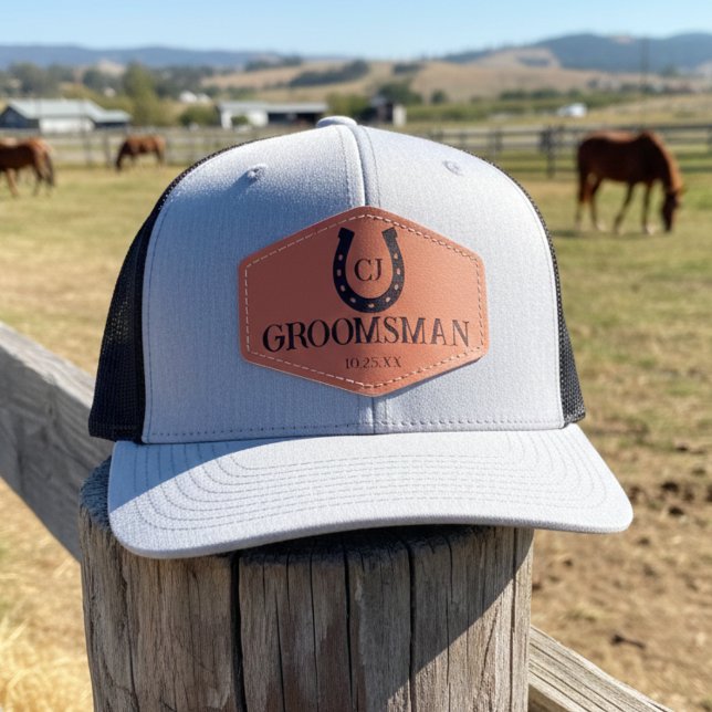 Western Horseshoe Groomsman Initials Wedding Party Leather Patch Hat (Creator Uploaded)