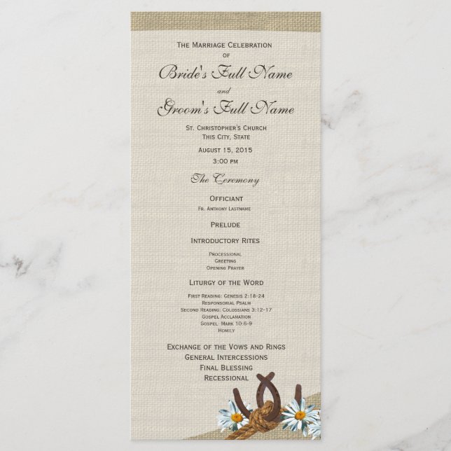 Western Horseshoes and Daisy Wedding Program (Front)