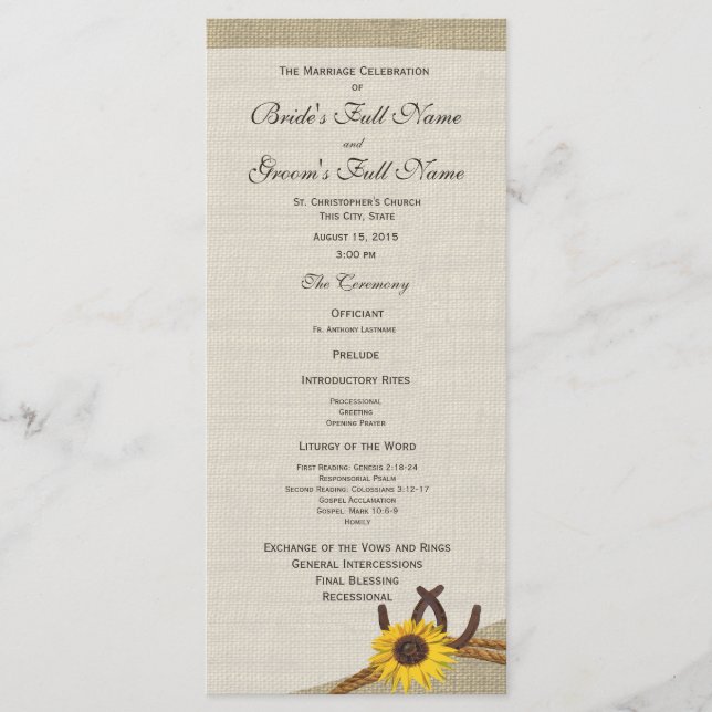 Western Horseshoes and Sunflower Wedding Program (Front)