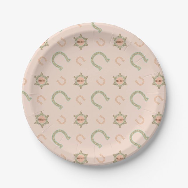 Western Horseshoes Sheriff Badge Peach Mint Paper Plates (Front)