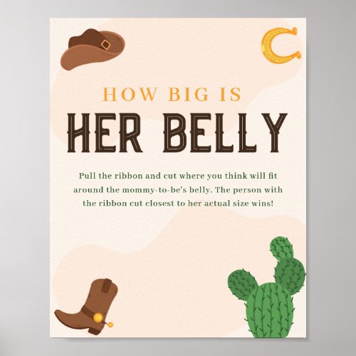 Western How Big is Her Belly Baby Shower Game Poster