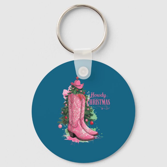 Western , Howdy Christmas And Tree, Nk Cowboy Boot Keychain (Front)