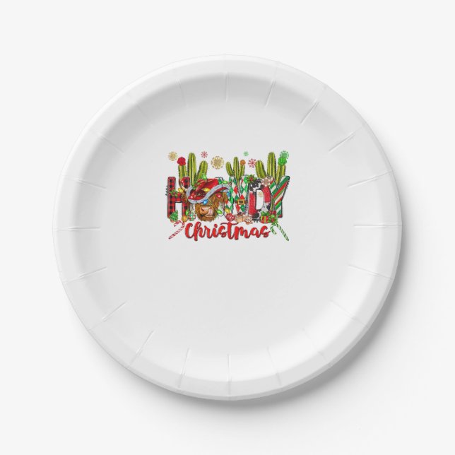 Western Howdy Christmas Cow Cowboy Hat And Cactus  Paper Plates (Front)
