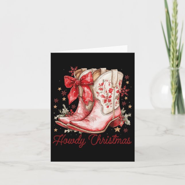 Western Howdy Christmas Cowgirl Boot Coquette Bow  Card (Front)