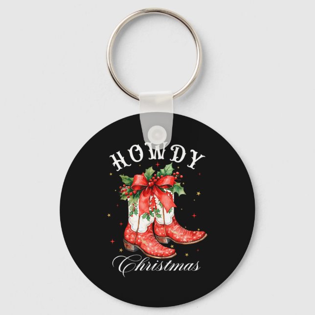 Western Howdy Christmas Cowgirl Boot Coquette Bow  Keychain (Front)