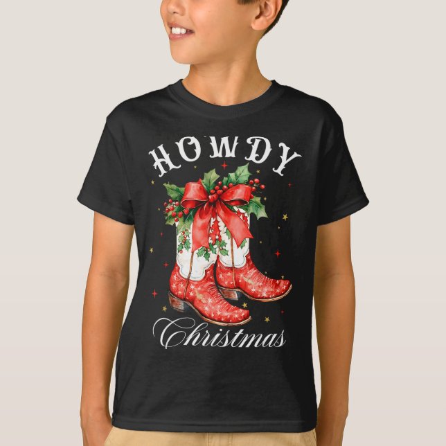 Western Howdy Christmas Cowgirl Boot Coquette Bow  T-Shirt (Front)
