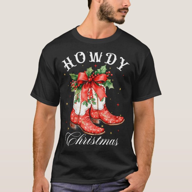 Western Howdy Christmas Cowgirl Boot Coquette Bow  T-Shirt (Front)