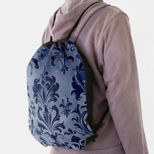 Western Inspired Damask Pattern Denim Blue Drawstring Bag