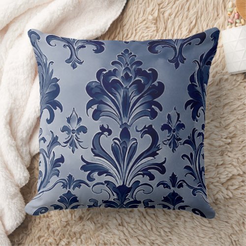 Western Inspired Damask Pattern Denim Blue Throw Pillow