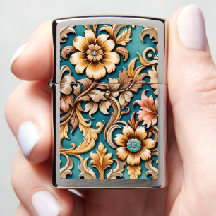 Western Inspired Floral Art Turquoise Teal Zippo Lighter
