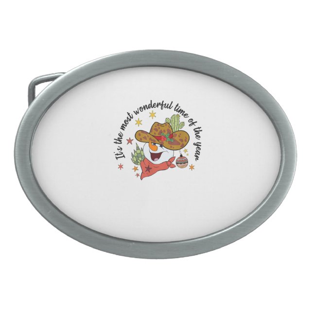 Western Its The Most Wonderful Time Cowboy Snowman Belt Buckle (Front)