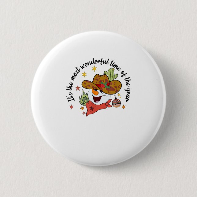 Western Its The Most Wonderful Time Cowboy Snowman Button (Front)