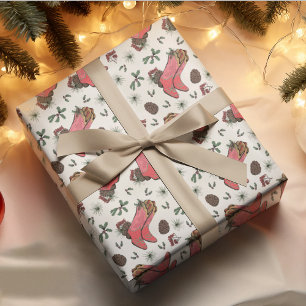Western Ivory Xmas Cowboy Boots, Pinecones Berries Wrapping Paper