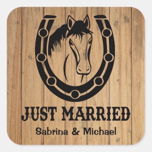 Western Just Married Horse Country Wood  Wedding Square Sticker