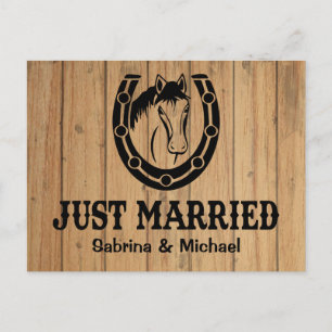 Western Just Married Wood Horseshoe Horse Country Announcement Postcard